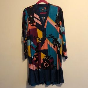 Anthropologie Maeve dress floral black blue purple pink v neck button swing NWOT